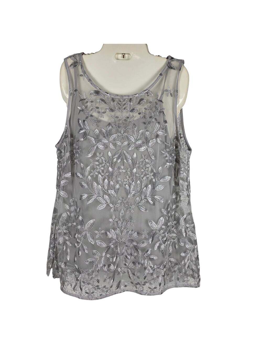 White House Black Market Silver Metallic Embroidered Blouse Top Sz L EUC Liner - Picture 2 of 9